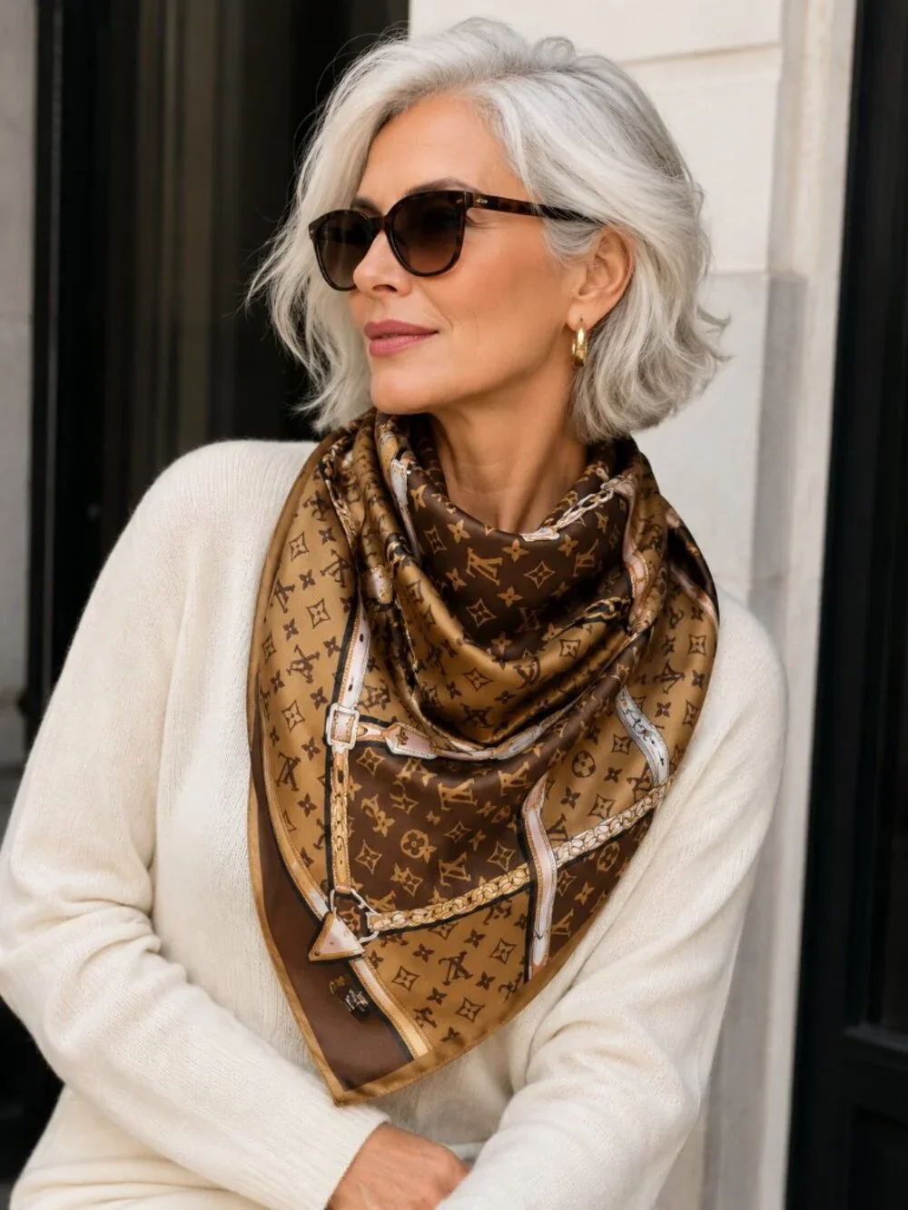 Brown Monogram Belt Chain Print 100% Silk Square Scarf
